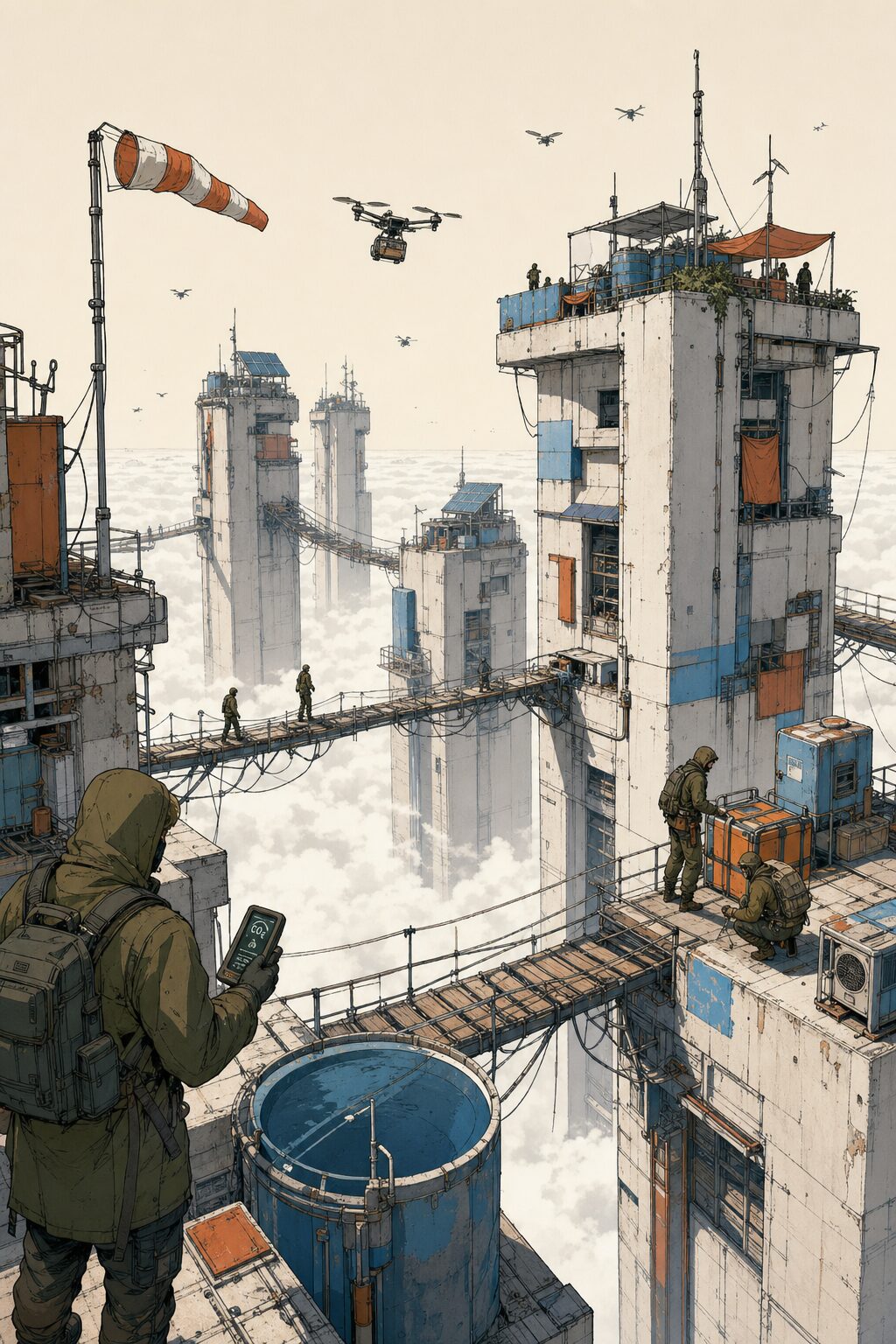 A rooftop roost community bridged by cable spans above a flat layer of toxic fog.