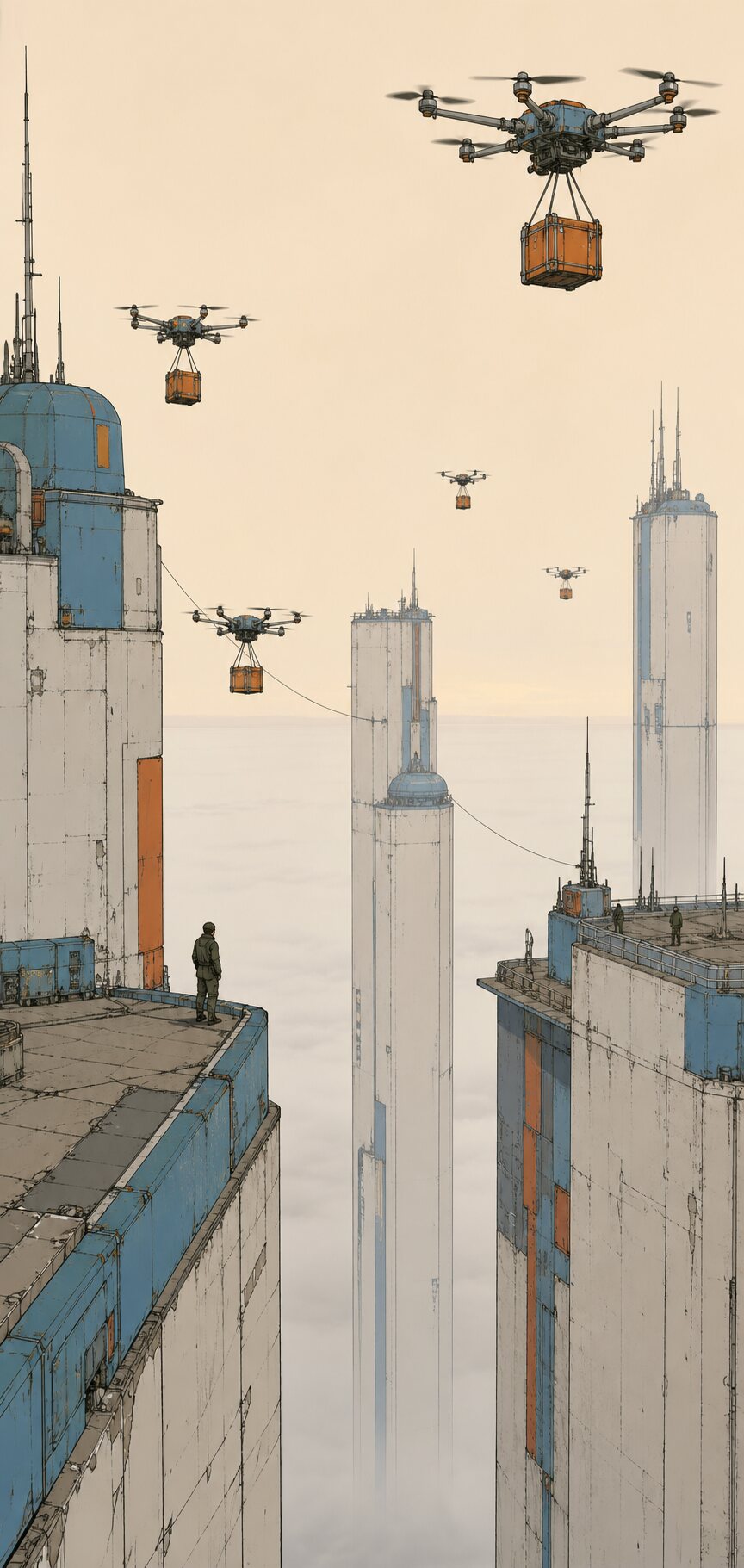 Cargo drones following guide wires between rooftop roosts over a silent stilled city at dawn.