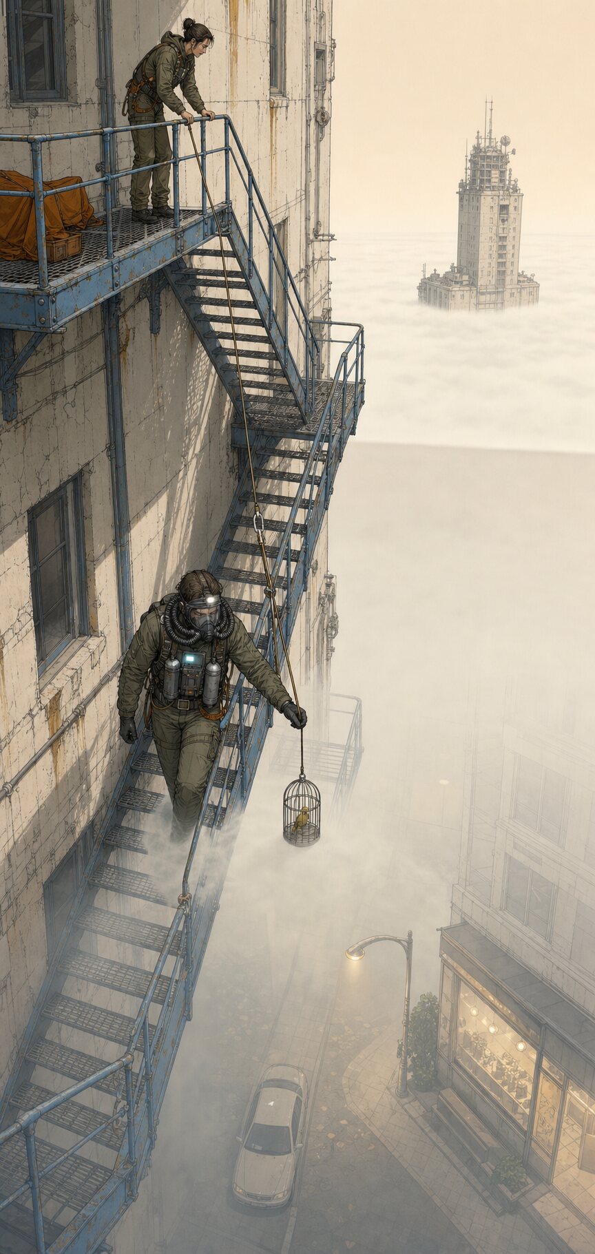 A survivor in a patched rebreather descends an exterior tower stair through the crisp CO2 breathline.