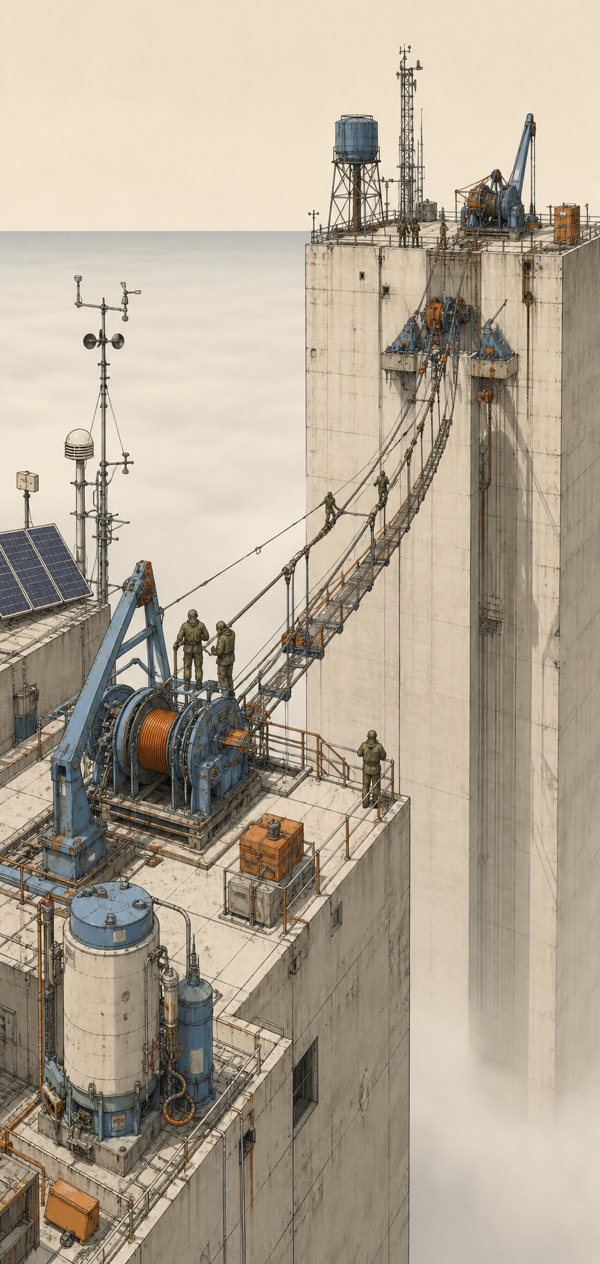 Rooftop survivors engineer a cable span with gauges, winches, weather instruments, and scrubber gear above the invisible CO2 layer.